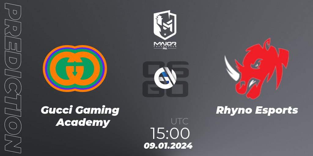 Prognose für das Spiel Gucci Gaming Academy VS Rhyno Esports. 09.01.2024 at 15:00. Counter-Strike (CS2) - PGL CS2 Major Copenhagen 2024 Europe RMR Open Qualifier 1