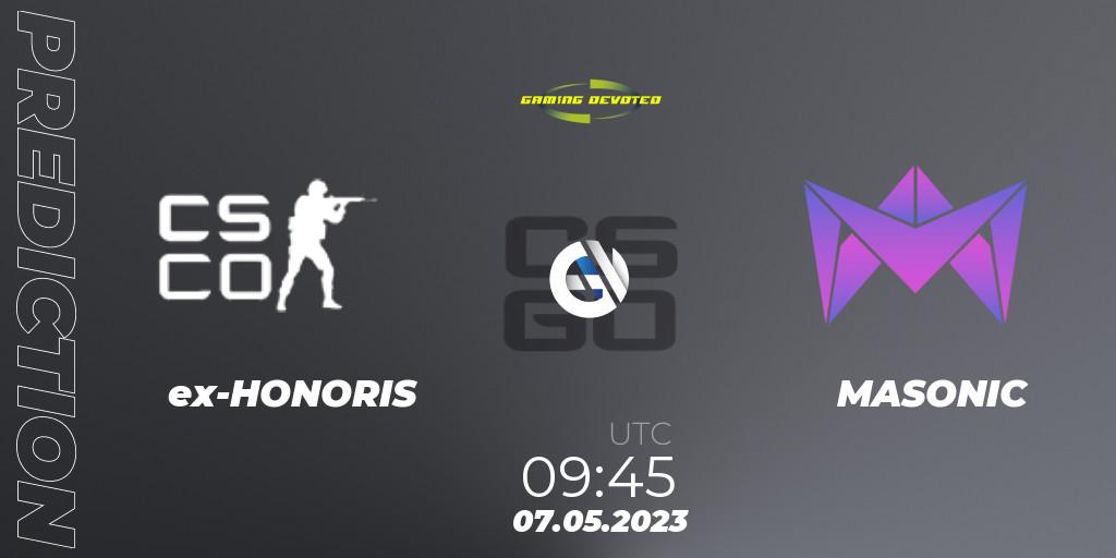 Prognose für das Spiel ex-HONORIS VS MASONIC. 07.05.2023 at 09:45. Counter-Strike (CS2) - Gaming Devoted Become The Best: Series #1