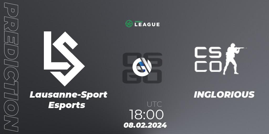 Prognose für das Spiel Lausanne-Sport Esports VS INGLORIOUS. 08.02.2024 at 18:00. Counter-Strike (CS2) - ESEA Season 48: Advanced Division - Europe