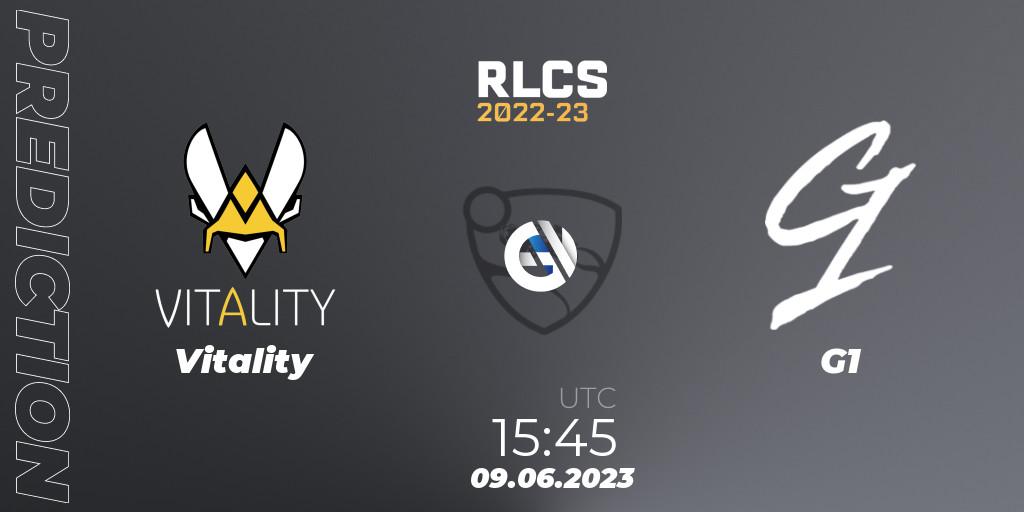 Prognose für das Spiel Vitality VS G1. 09.06.2023 at 15:45. Rocket League - RLCS 2022-23 - Spring: Europe Regional 3 - Spring Invitational
