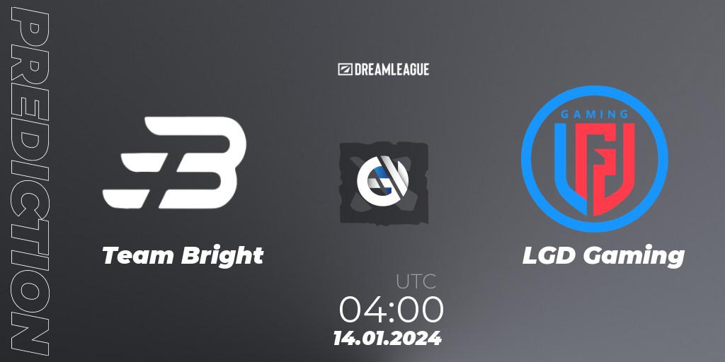 Prognose für das Spiel Team Bright VS LGD Gaming. 14.01.2024 at 04:02. Dota 2 - DreamLeague Season 22: China Closed Qualifier