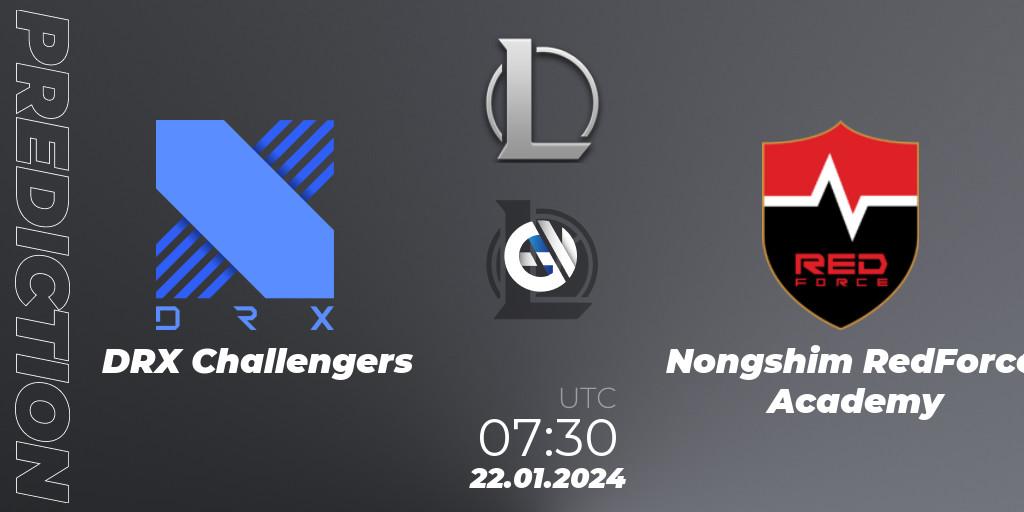 Prognose für das Spiel DRX Challengers VS Nongshim RedForce Academy. 22.01.2024 at 07:30. LoL - LCK Challengers League 2024 Spring - Group Stage
