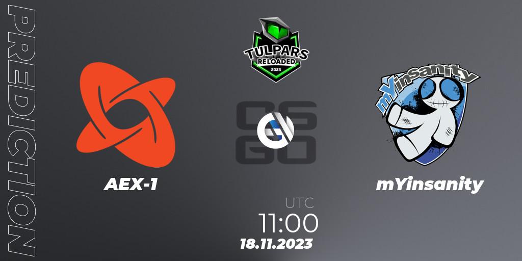 Prognose für das Spiel AEX-1 VS mYinsanity. 18.11.2023 at 11:00. Counter-Strike (CS2) - Monsters Reloaded 2023: German Qualifier