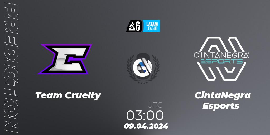 Prognose für das Spiel Team Cruelty VS CintaNegra Esports. 09.04.2024 at 03:00. Rainbow Six - LATAM League 2024 - Stage 1: LATAM North