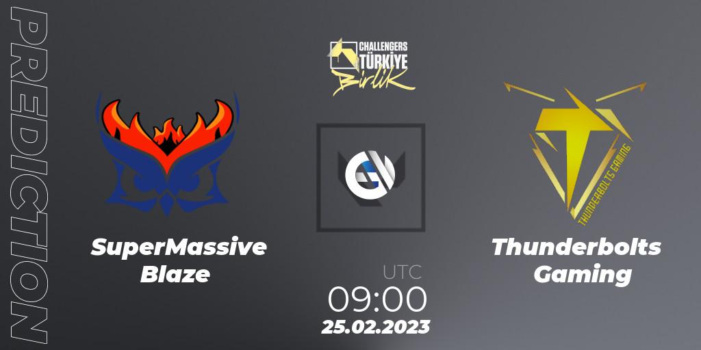 Prognose für das Spiel SuperMassive Blaze VS Thunderbolts Gaming. 25.02.2023 at 09:00. VALORANT - VALORANT Challengers 2023 Turkey: Birlik Split 1