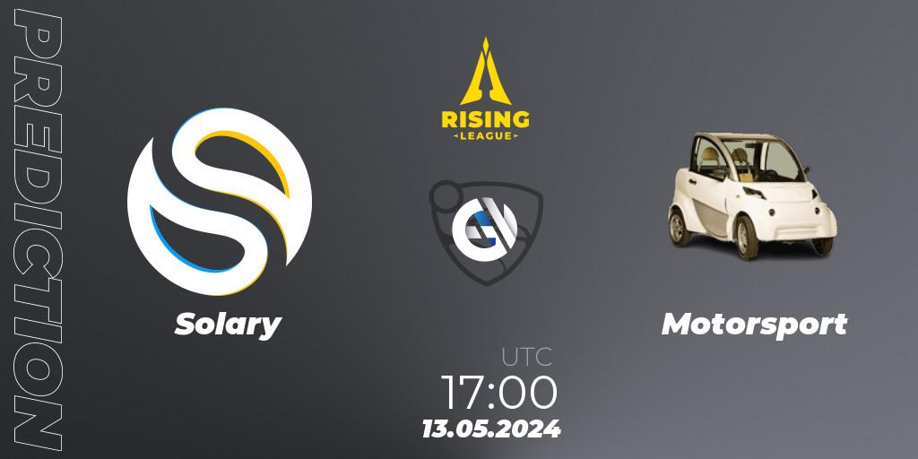Prognose für das Spiel Solary VS Motorsport. 13.05.2024 at 17:00. Rocket League - Rising League 2024 — Split 1 — Main Event