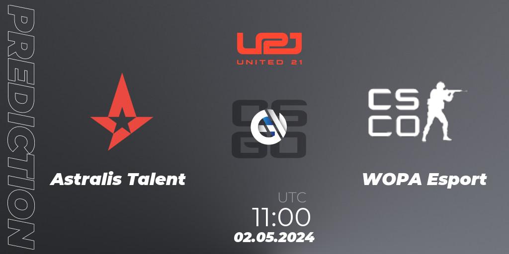 Prognose für das Spiel Astralis Talent VS WOPA Esport. 02.05.2024 at 11:00. Counter-Strike (CS2) - United21 Season 15