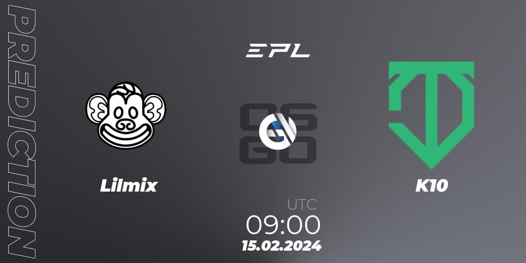 Prognose für das Spiel Lilmix VS K10. 15.02.2024 at 09:00. Counter-Strike (CS2) - European Pro League Season 15: Division 2