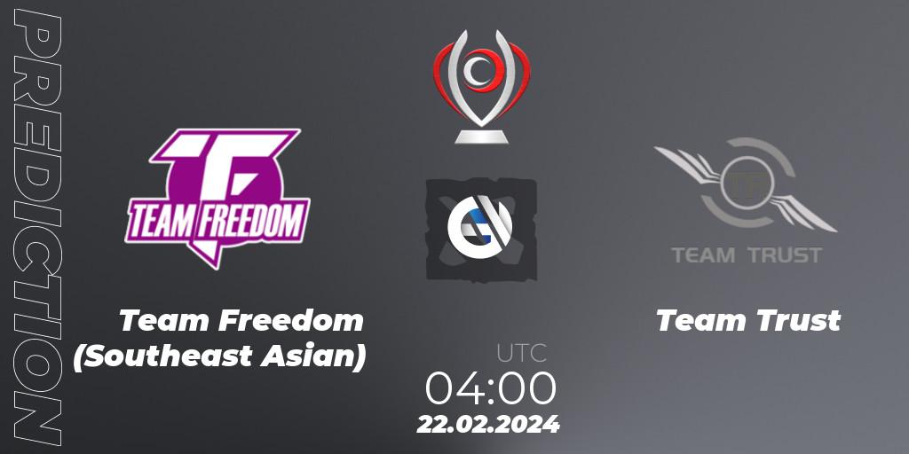 Prognose für das Spiel Team Freedom (Southeast Asian) VS Team Trust. 22.02.2024 at 04:04. Dota 2 - Opus League