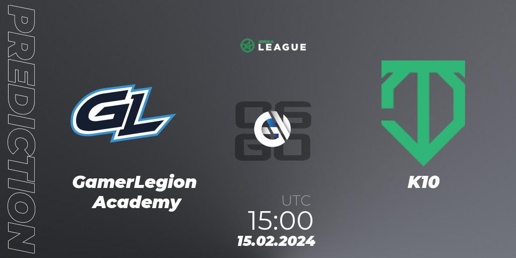 Prognose für das Spiel GamerLegion Academy VS K10. 15.02.2024 at 15:00. Counter-Strike (CS2) - ESEA Season 48: Advanced Division - Europe