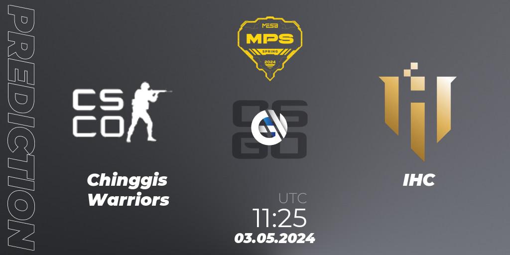 Prognose für das Spiel Chinggis Warriors VS IHC. 03.05.2024 at 11:25. Counter-Strike (CS2) - MESA Pro Series: Spring 2024