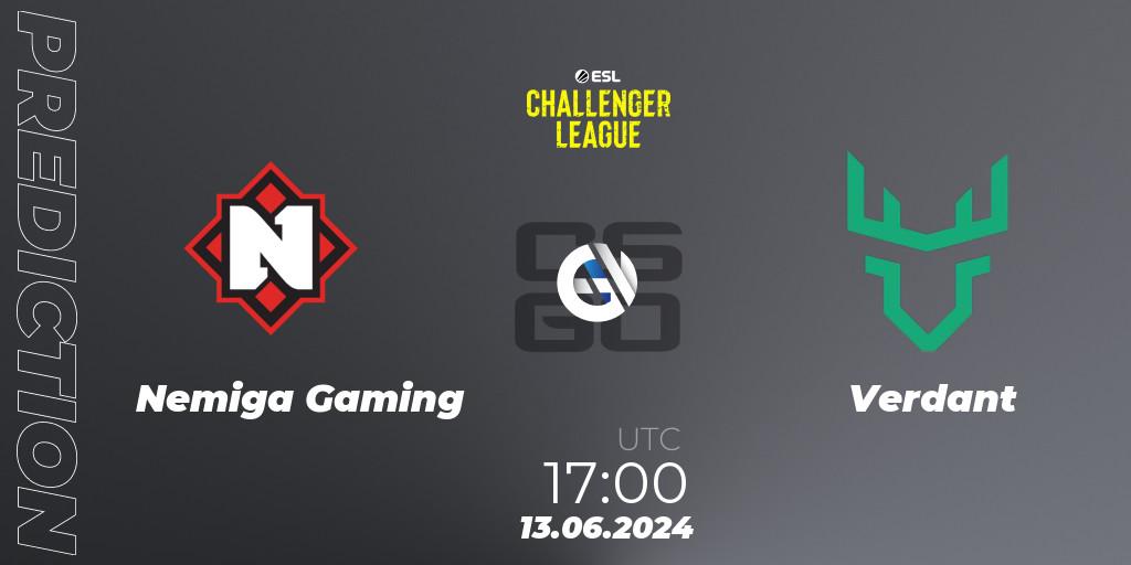 Prognose für das Spiel Nemiga Gaming VS Verdant. 13.06.2024 at 18:00. Counter-Strike (CS2) - ESL Challenger League Season 47 Relegation: Europe