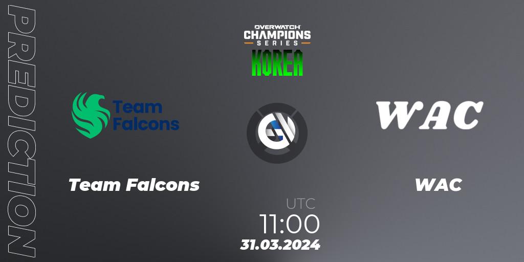Prognose für das Spiel Team Falcons VS WAC. 31.03.2024 at 11:00. Overwatch - Overwatch Champions Series 2024 - Stage 1 Korea