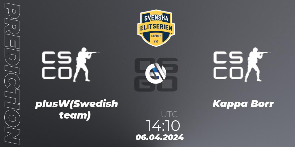 Prognose für das Spiel plusW(Swedish team) VS Kappa Borr. 06.04.2024 at 16:10. Counter-Strike (CS2) - Svenska Elitserien Spring 2024