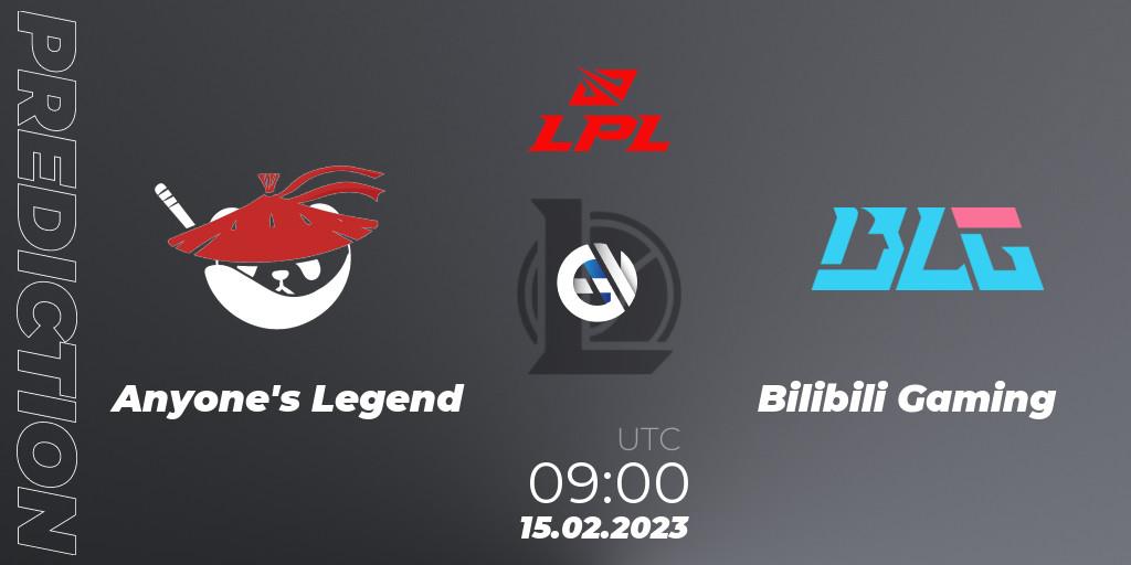 Prognose für das Spiel Anyone's Legend VS Bilibili Gaming. 15.02.2023 at 09:00. LoL - LPL Spring 2023 - Group Stage