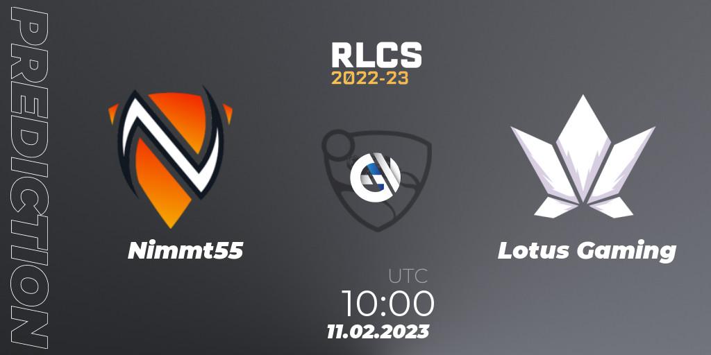Prognose für das Spiel Nimmt55 VS Lotus Gaming. 11.02.2023 at 10:00. Rocket League - RLCS 2022-23 - Winter: Asia-Pacific Regional 2 - Winter Cup