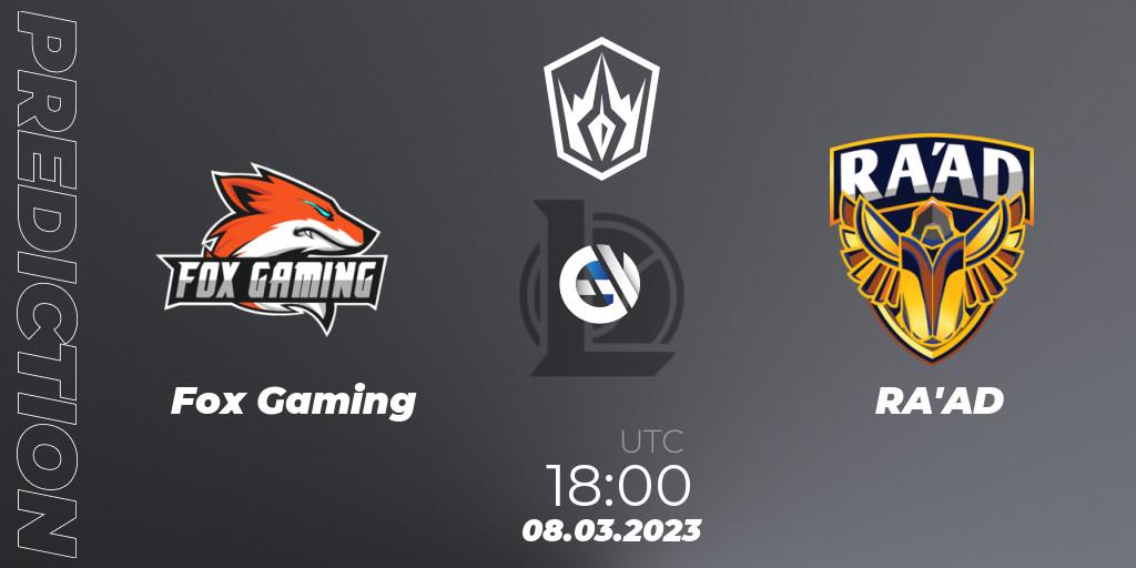 Prognose für das Spiel Fox Gaming VS RA'AD. 08.03.23. LoL - Arabian League Spring 2023