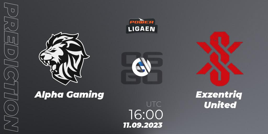 Prognose für das Spiel Alpha Gaming VS Exzentriq United. 11.09.2023 at 18:00. Counter-Strike (CS2) - POWER Ligaen Season 24 Finals