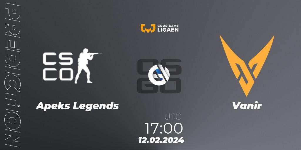 Prognose für das Spiel Apeks Legends VS Vanir. 12.02.24. CS2 (CS:GO) - Good Game-ligaen Spring 2024