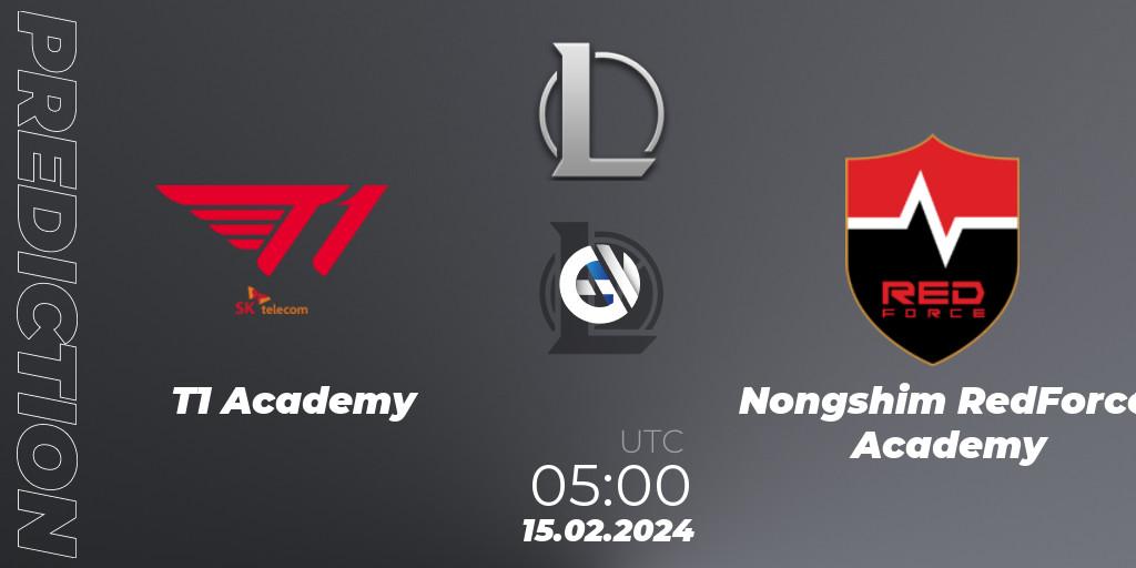 Prognose für das Spiel T1 Academy VS Nongshim RedForce Academy. 15.02.2024 at 05:00. LoL - LCK Challengers League 2024 Spring - Group Stage