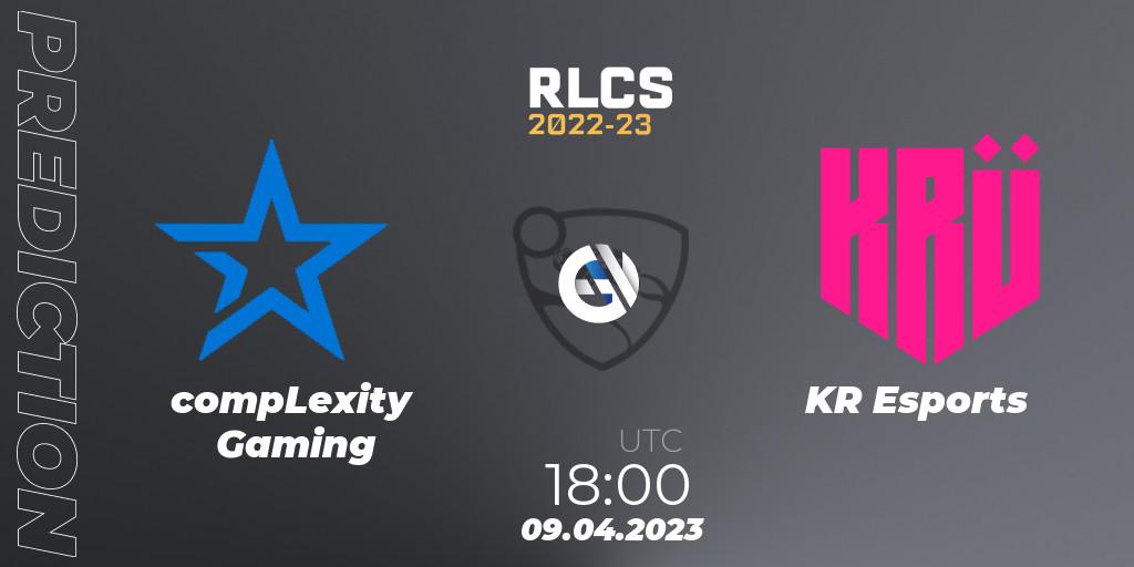 Prognose für das Spiel compLexity Gaming VS KRÜ Esports. 09.04.2023 at 18:00. Rocket League - RLCS 2022-23 - Winter Split Major