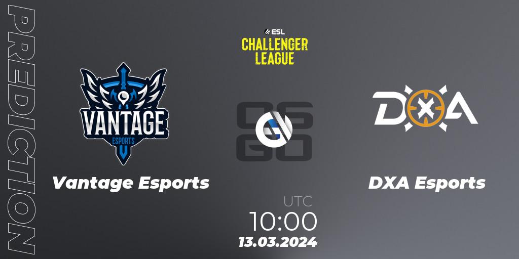 Prognose für das Spiel Vantage Esports VS DXA Esports. 13.03.2024 at 10:00. Counter-Strike (CS2) - ESL Challenger League Season 47: Oceania