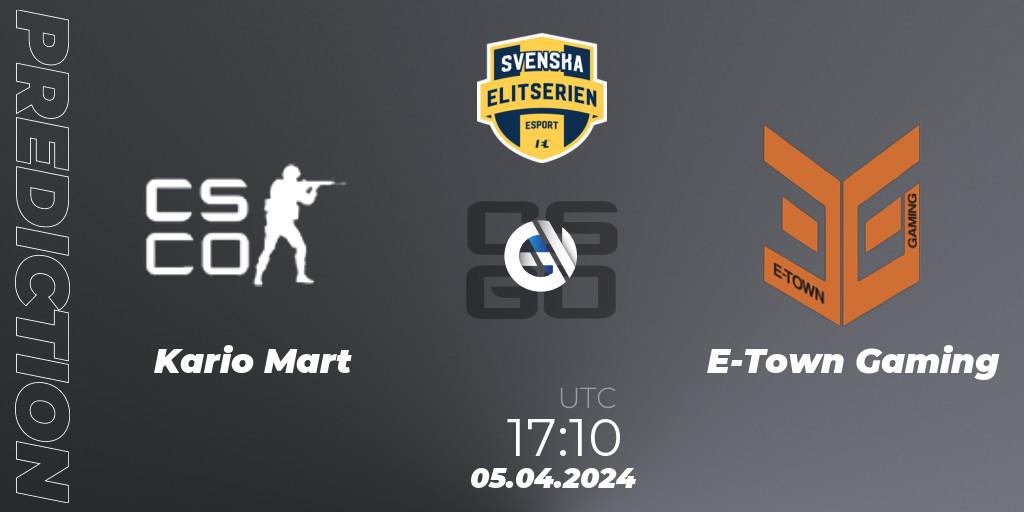 Prognose für das Spiel Kario Mart VS E-Town Gaming. 05.04.2024 at 17:10. Counter-Strike (CS2) - Svenska Elitserien Spring 2024