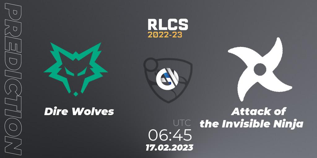 Prognose für das Spiel Dire Wolves VS Attack of the Invisible Ninja. 17.02.2023 at 06:45. Rocket League - RLCS 2022-23 - Winter: Oceania Regional 2 - Winter Cup