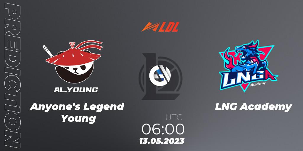 Prognose für das Spiel Anyone's Legend Young VS LNG Academy. 13.05.2023 at 06:00. LoL - LDL 2023 - Regular Season - Stage 2