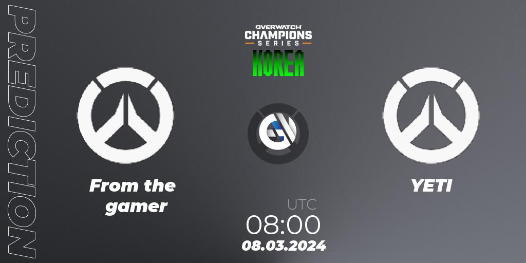 Prognose für das Spiel From The Gamer VS YETI. 07.04.2024 at 08:00. Overwatch - Overwatch Champions Series 2024 - Stage 1 Korea