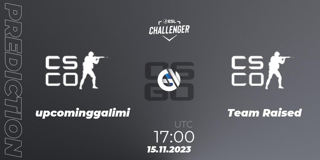 Prognose für das Spiel upcominggalimi VS Team Raised. 15.11.2023 at 17:00. Counter-Strike (CS2) - ESL Challenger at DreamHack Atlanta 2023: European Open Qualifier