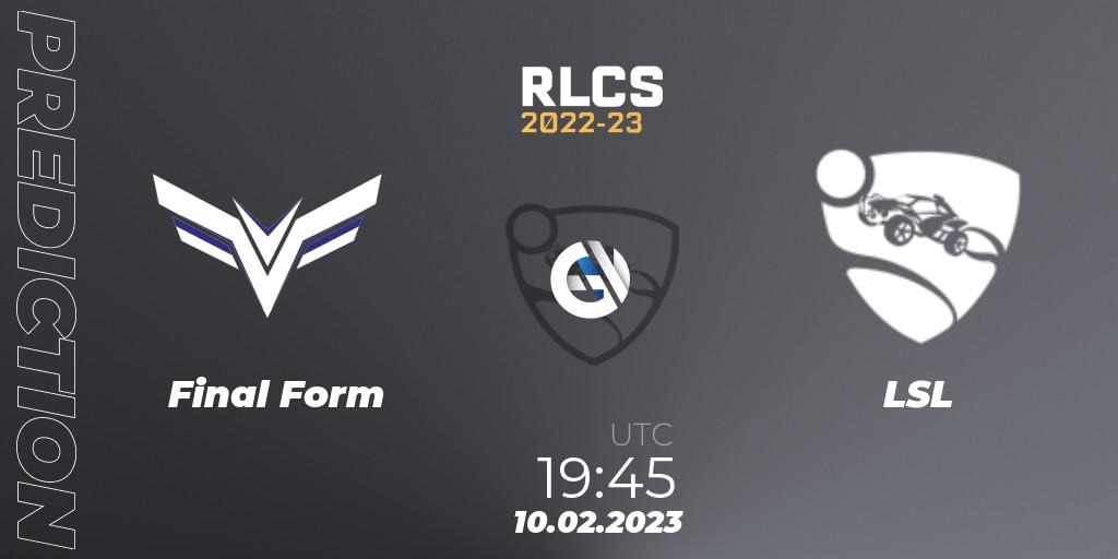 Prognose für das Spiel Final Form VS LSL. 10.02.2023 at 19:45. Rocket League - RLCS 2022-23 - Winter: South America Regional 2 - Winter Cup