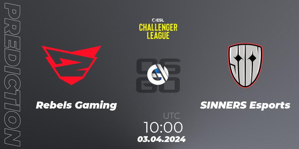 Prognose für das Spiel Rebels Gaming VS SINNERS Esports. 03.04.2024 at 10:00. Counter-Strike (CS2) - ESL Challenger League Season 47: Europe