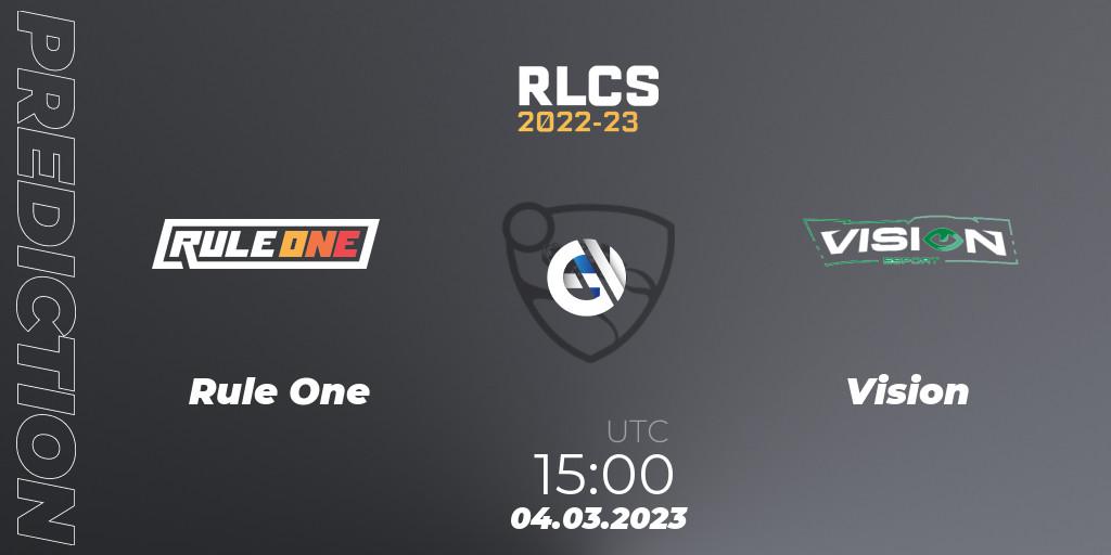 Prognose für das Spiel Rule One VS Vision. 04.03.2023 at 15:00. Rocket League - RLCS 2022-23 - Winter: Middle East and North Africa Regional 3 - Winter Invitational