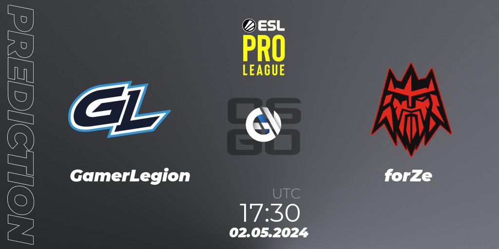 Prognose für das Spiel GamerLegion VS forZe. 02.05.2024 at 18:00. Counter-Strike (CS2) - ESL Pro League Season 19