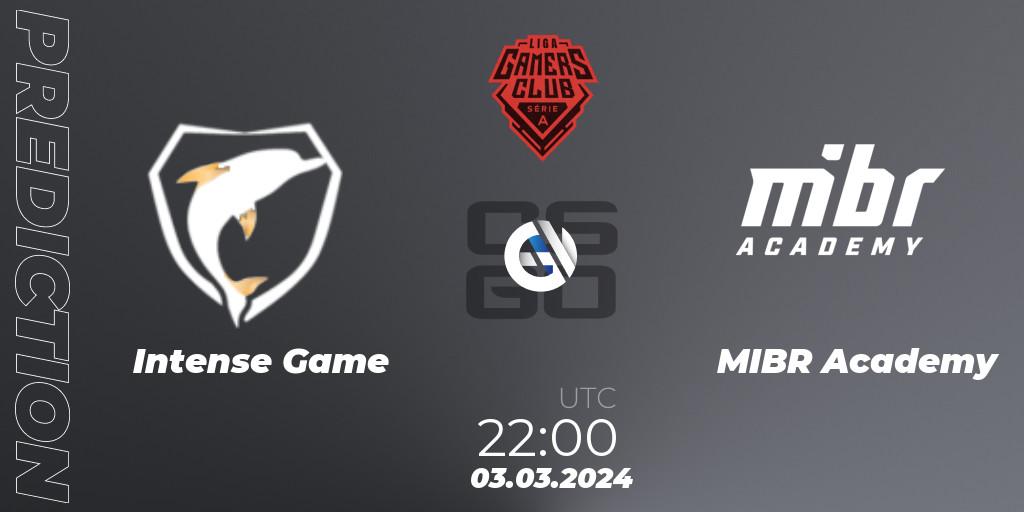 Prognose für das Spiel Intense Game VS MIBR Academy. 03.03.2024 at 22:00. Counter-Strike (CS2) - Gamers Club Liga Série A: February 2024