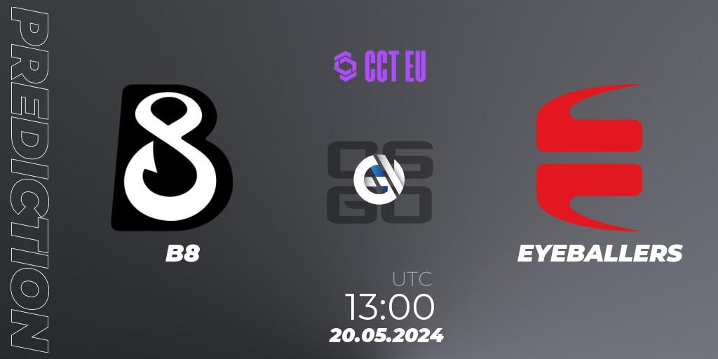 Prognose für das Spiel B8 VS EYEBALLERS. 20.05.2024 at 13:15. Counter-Strike (CS2) - CCT Season 2 European Series #3