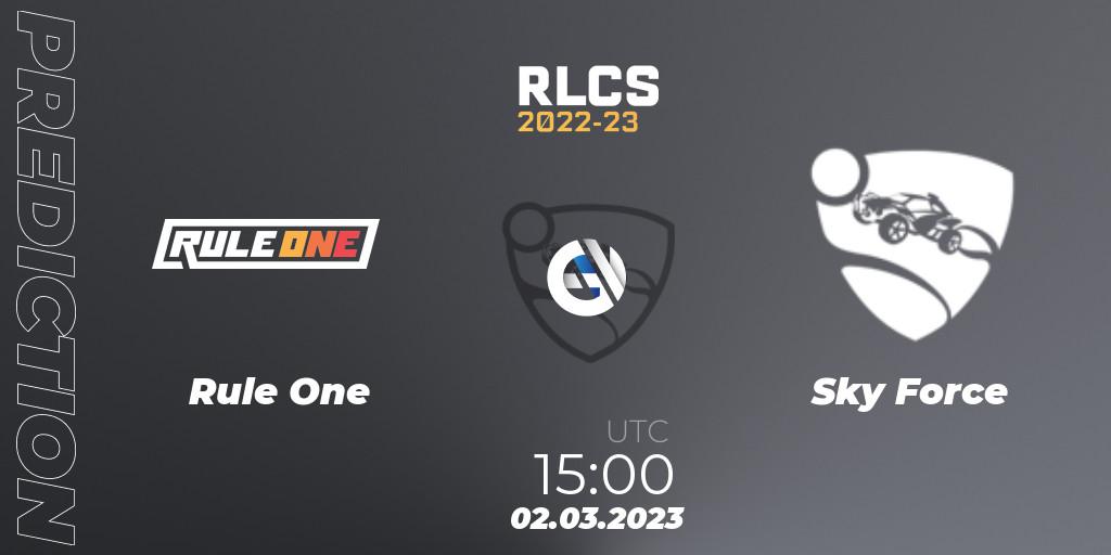 Prognose für das Spiel Rule One VS Sky Force. 02.03.2023 at 15:00. Rocket League - RLCS 2022-23 - Winter: Middle East and North Africa Regional 3 - Winter Invitational