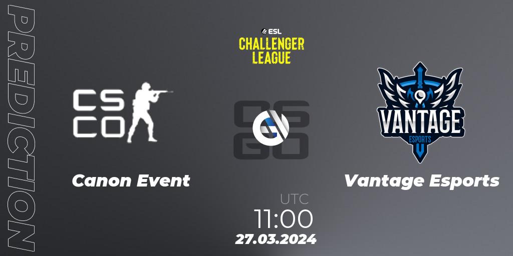 Prognose für das Spiel Canon Event VS Vantage Esports. 27.03.2024 at 11:00. Counter-Strike (CS2) - ESL Challenger League Season 47: Oceania
