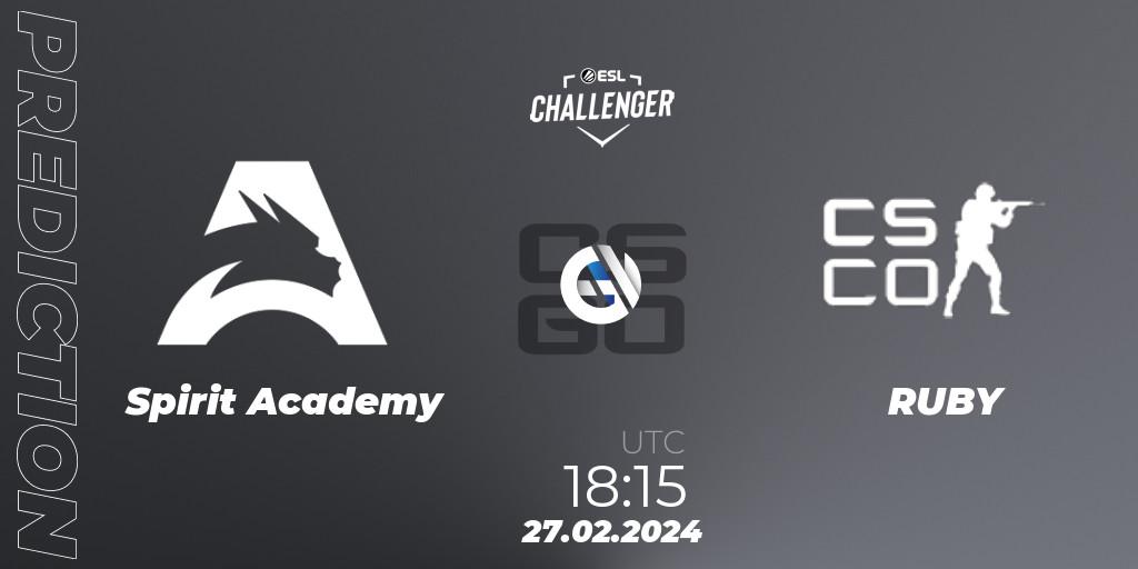 Prognose für das Spiel Spirit Academy VS RUBY. 27.02.24. CS2 (CS:GO) - ESL Challenger #56: European Open Qualifier