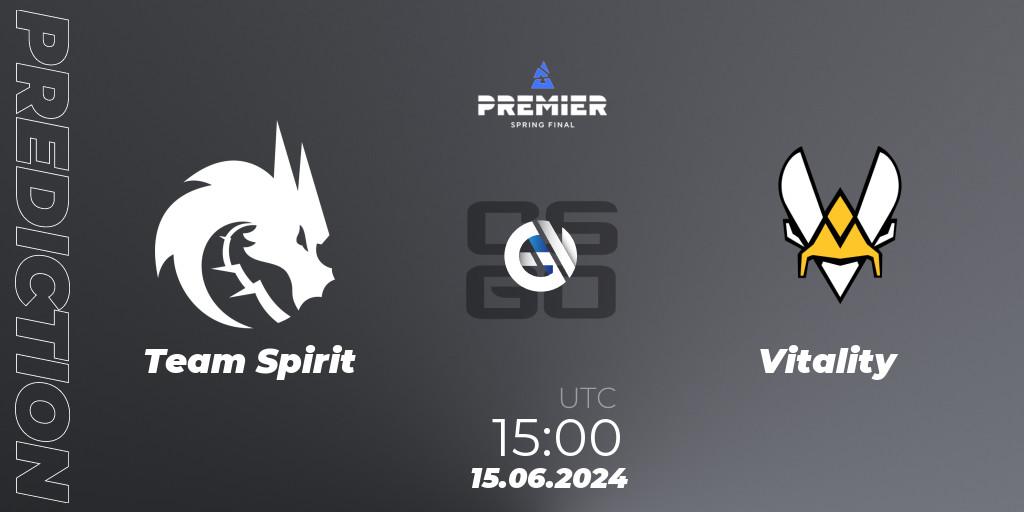 Prognose für das Spiel Team Spirit VS Vitality. 15.06.2024 at 15:00. Counter-Strike (CS2) - BLAST Premier Spring Final 2024
