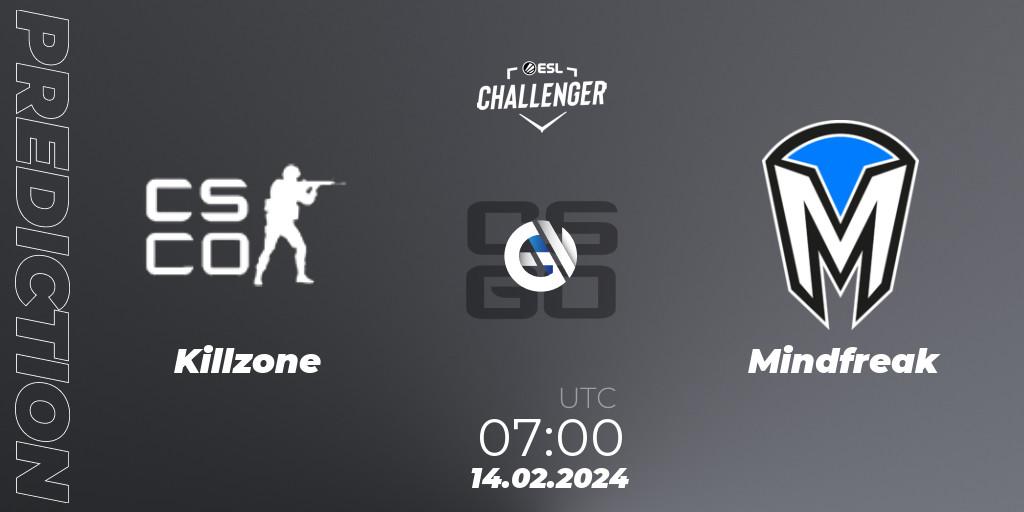 Prognose für das Spiel Killzone VS Mindfreak. 14.02.2024 at 07:05. Counter-Strike (CS2) - ESL Challenger #56: Oceanic Open Qualifier