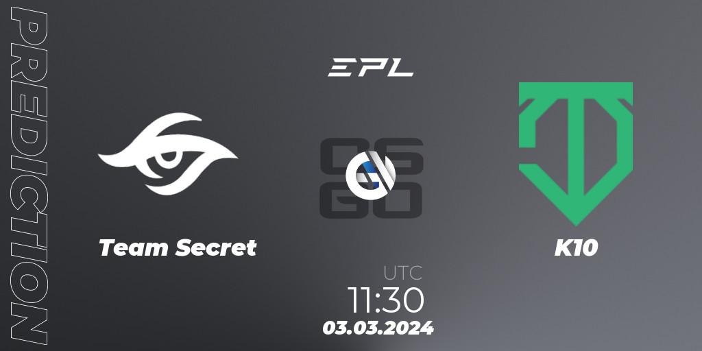 Prognose für das Spiel Team Secret VS K10. 04.03.24. CS2 (CS:GO) - European Pro League Season 14