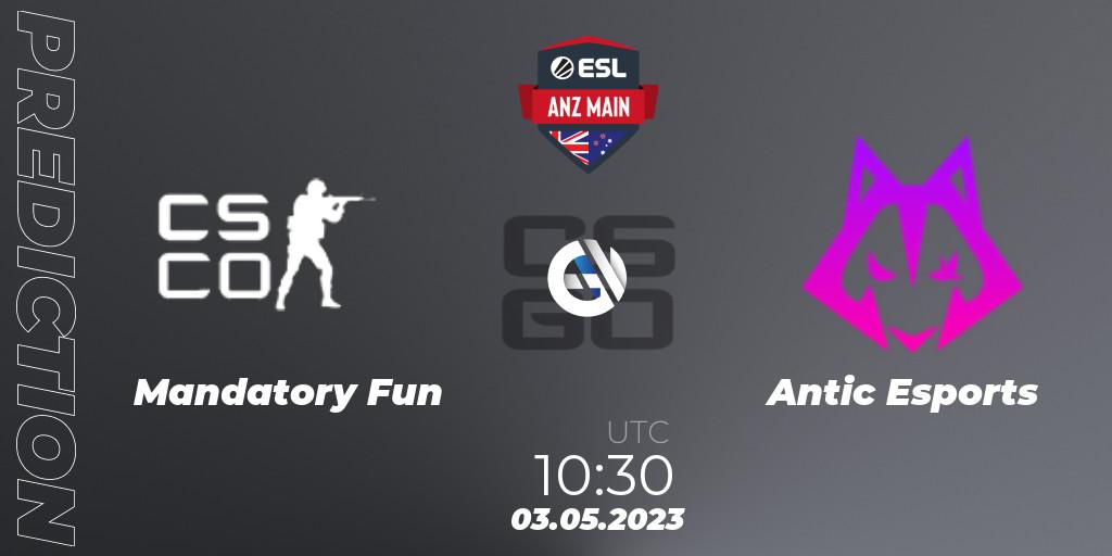 Prognose für das Spiel Mandatory Fun VS Antic Esports. 03.05.2023 at 10:30. Counter-Strike (CS2) - ESL ANZ Main Season 16