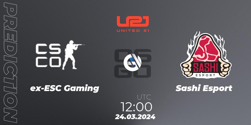 Prognose für das Spiel ex-ESC Gaming VS Sashi Esport. 24.03.2024 at 12:30. Counter-Strike (CS2) - United21 Season 13