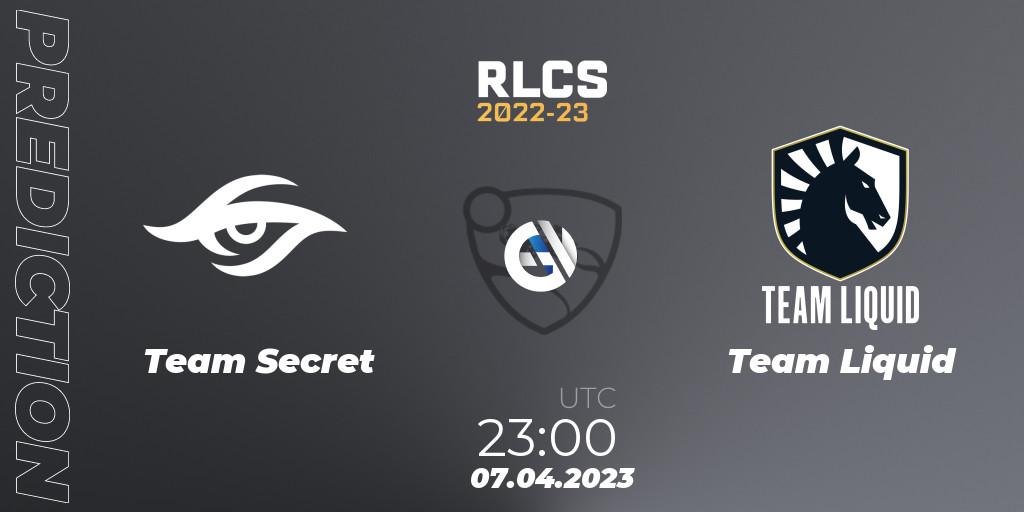 Prognose für das Spiel Team Secret VS Team Liquid. 07.04.2023 at 20:50. Rocket League - RLCS 2022-23 - Winter Split Major