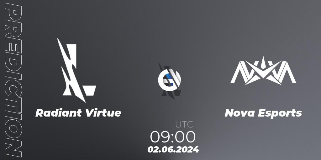 Prognose für das Spiel Radiant Virtue VS Nova Esports. 02.06.2024 at 09:00. Wild Rift - Wild Rift Super League Summer 2024 - 5v5 Tournament Group Stage