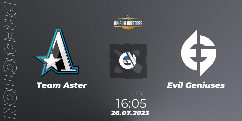 Prognose für das Spiel Team Aster VS Evil Geniuses. 26.07.2023 at 17:39. Dota 2 - Riyadh Masters 2023