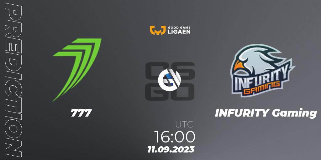 Prognose für das Spiel 777 VS INFURITY Gaming. 11.09.2023 at 16:00. Counter-Strike (CS2) - Good Game-ligaen Fall 2023: Regular Season