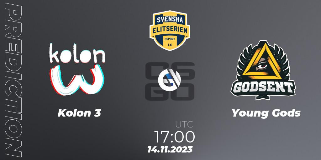 Prognose für das Spiel Kolon 3 VS Young Gods. 14.11.2023 at 17:00. Counter-Strike (CS2) - Svenska Elitserien Fall 2023: Online Stage